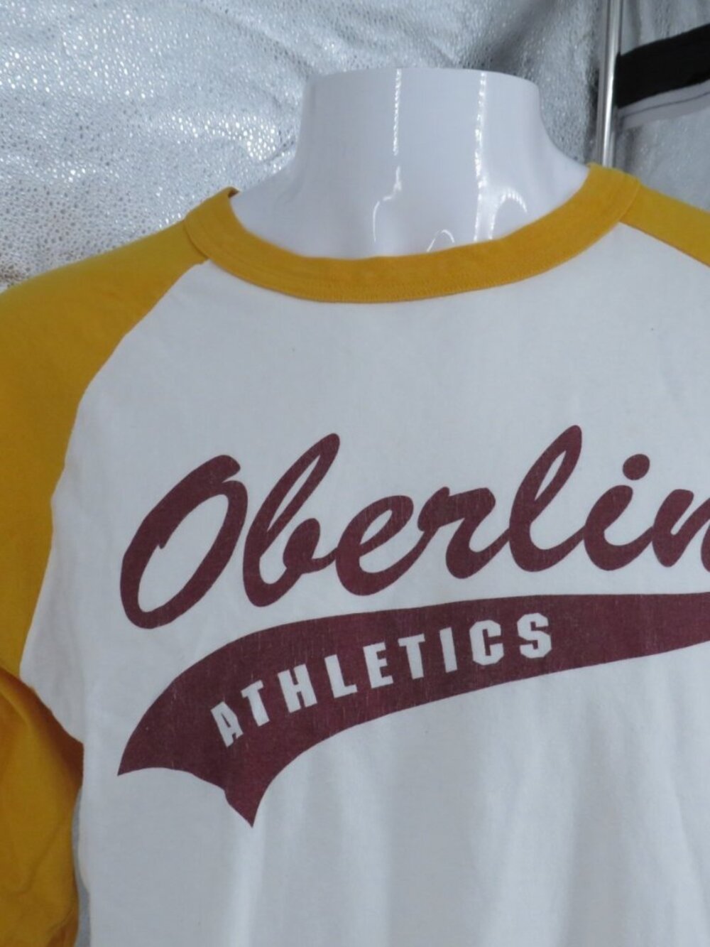 Champion Oberlin Athletics Raglan Shirt Yellow White Large Vintage 3/4 Sleeve - Picture 3 of 5